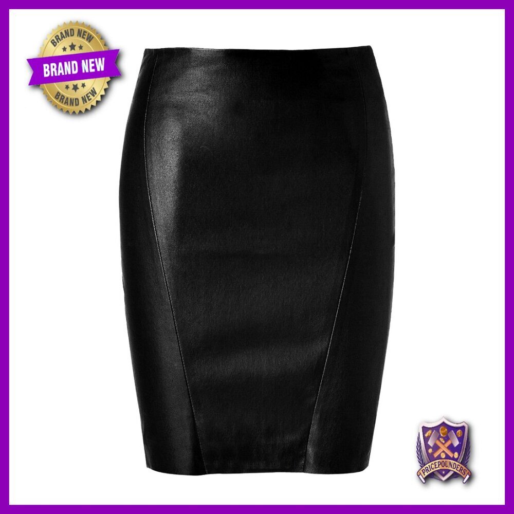 Genuine Lambskin Leather Skirt Knee Length Slim Fit High Rise